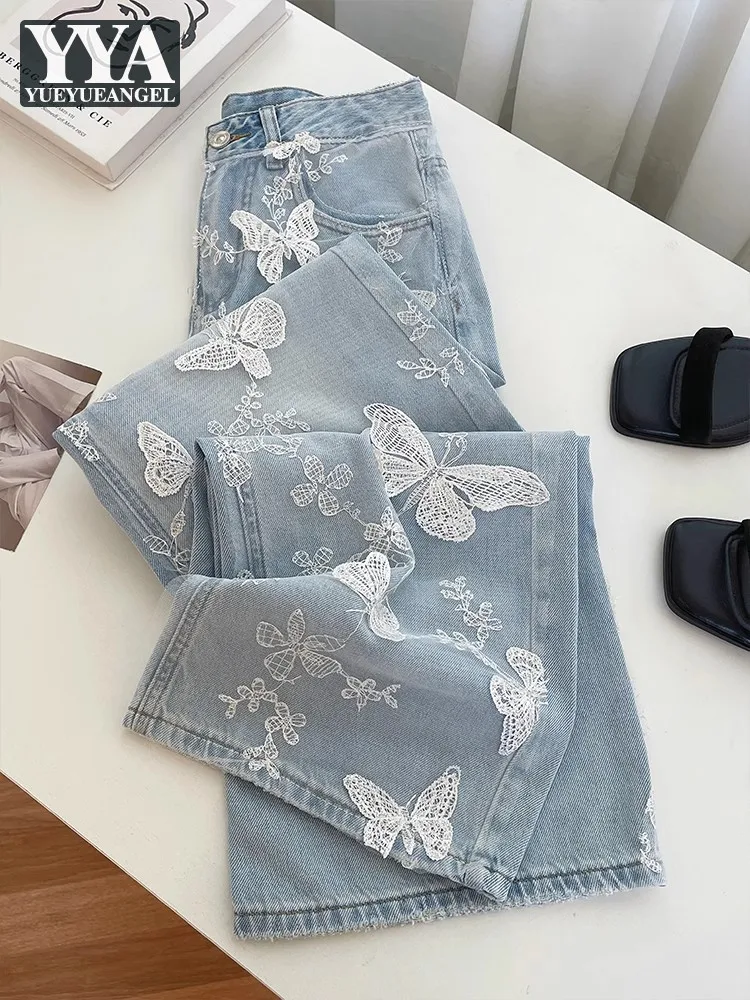 

Women Vintage Butterfly Emboridery Jeans Eleagnt Office Ladies Summer New Work Straight Pants High Waist Denim Pants Streetwear