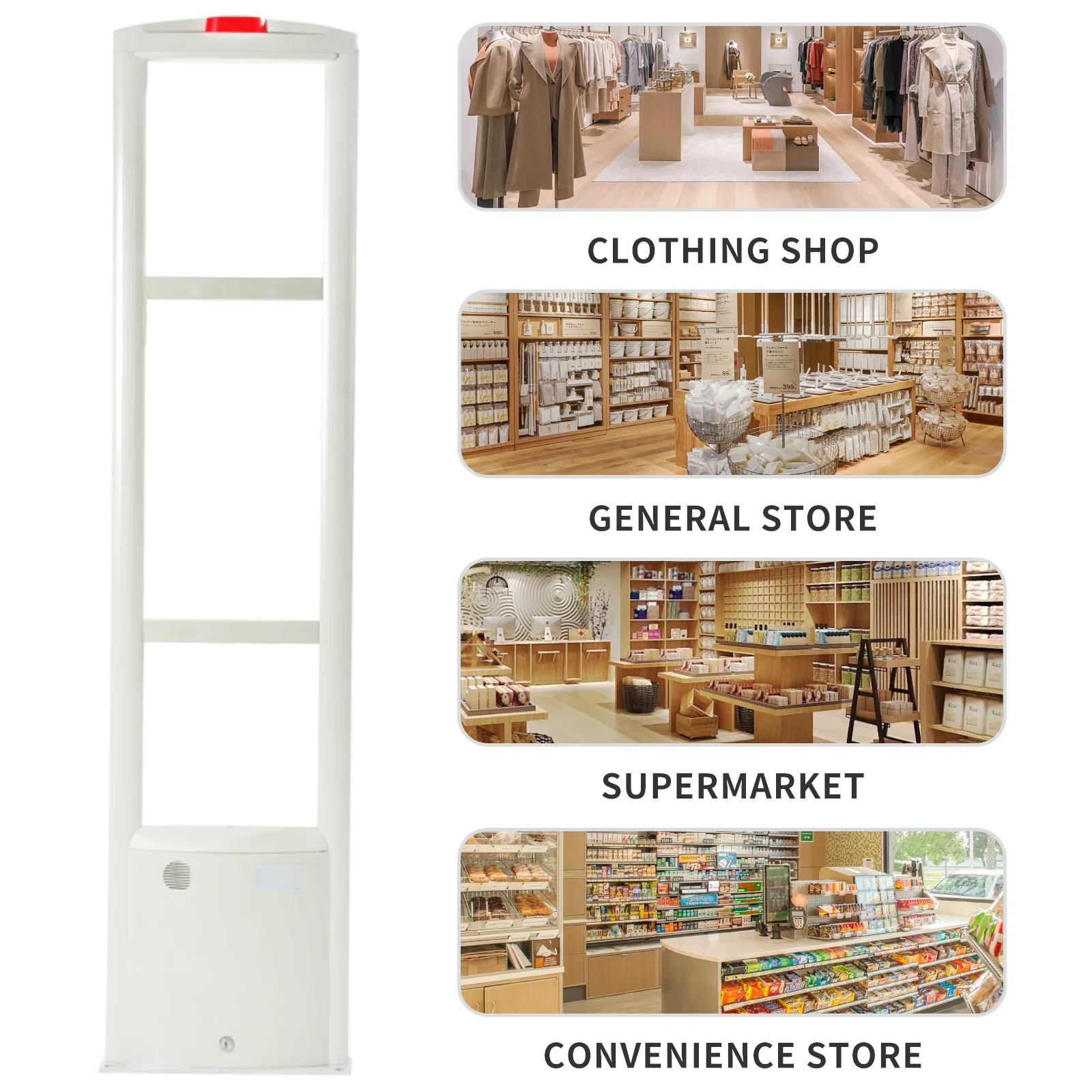 ประตูนิรภัย RF 8.2MHz สำหรับซูเปอร์มาร์เก็ตวัสดุ ABS สีขาวเสียงและไฟเตือนป้องกันการโจรกรรมสำหรับร้านขายเสื้อผ้า