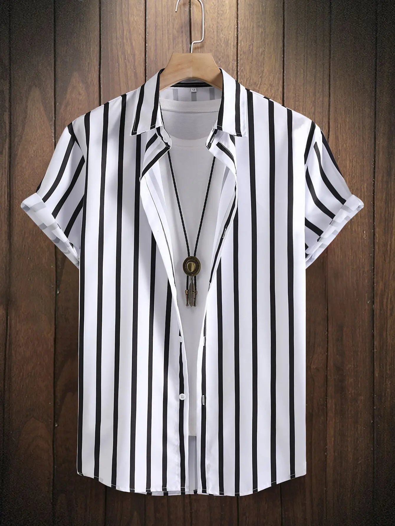 

Men's Short Sleeve Vertical Stripe Casual Shirt - White Black Striped Lightweight Summer Top