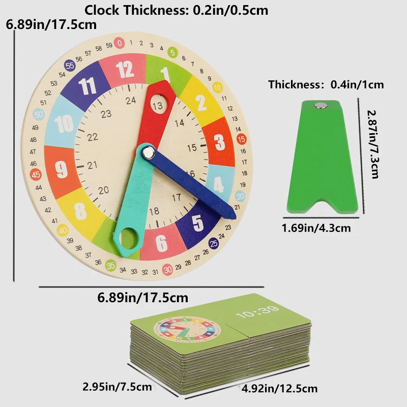 Wooden Clock Model Teaching Aid,Montessori Learning Clocks with Cards,Kindergartner Toy for Game,Interaction Playroom Wall