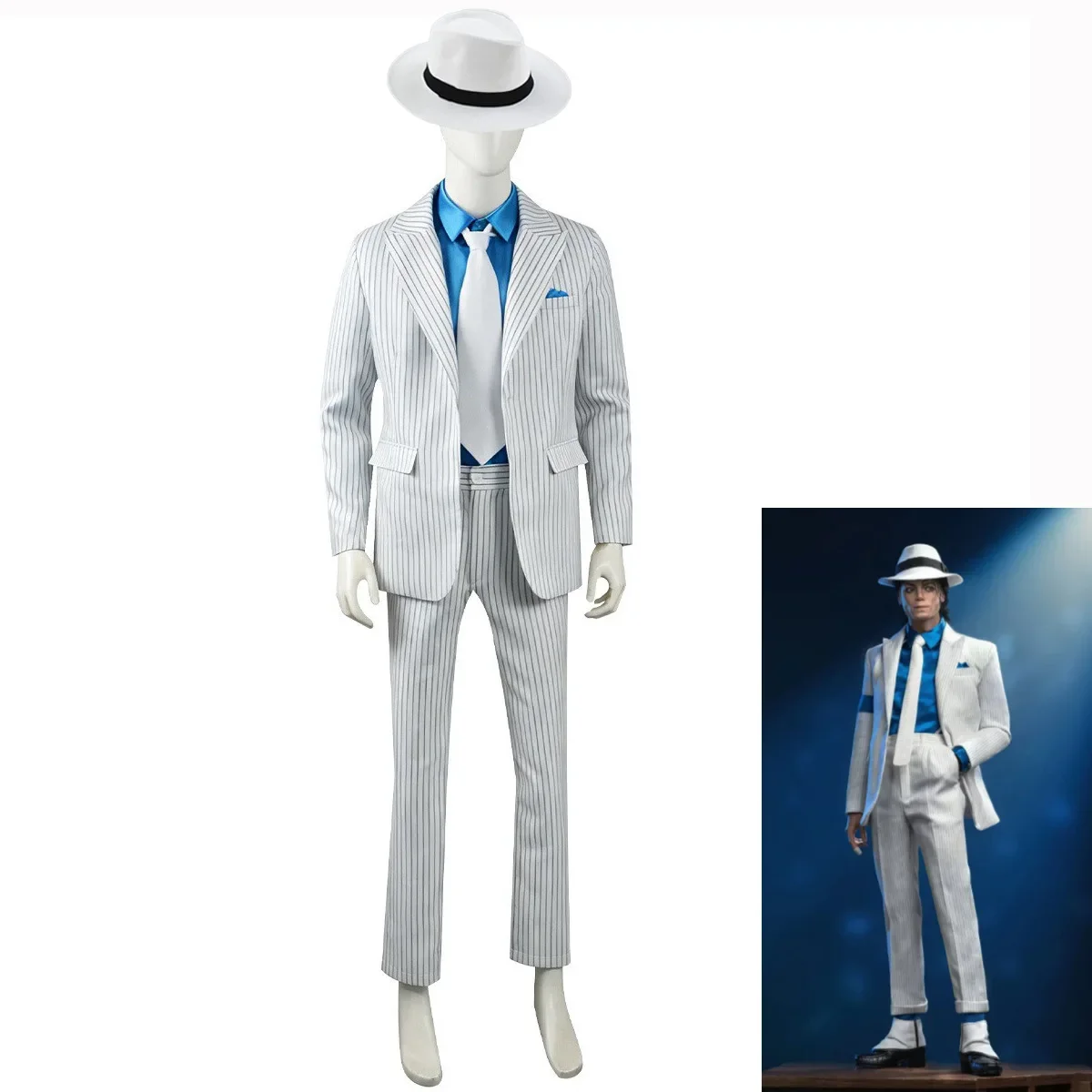 Michael Jackson BAD Smooth Criminal Cosplay-Kostüm, maßgefertigter weiß gestreifter Anzug mit Hose und Hut, komplettes Unisex-Outfit für Halloween