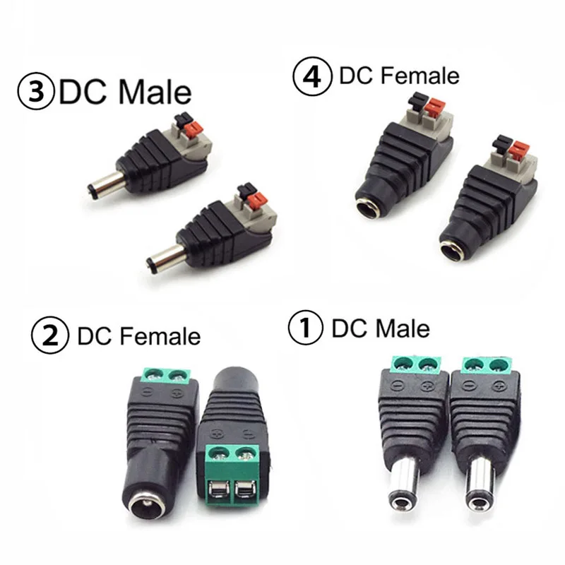 DC macho e fêmea conector de alimentação, 5.5*2.1mm Plug positivo, negativo para terminal de pressão sem solda, fiação LED, a7, 5pcs