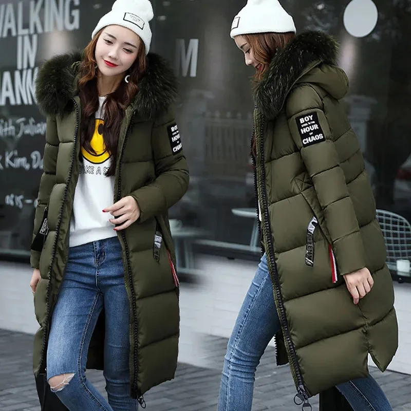 Parka encapuzado com colarinho de pele para mulheres, jaqueta parkas de algodão, grosso e fino, casaco longo, casacos de inverno, novo, 2023