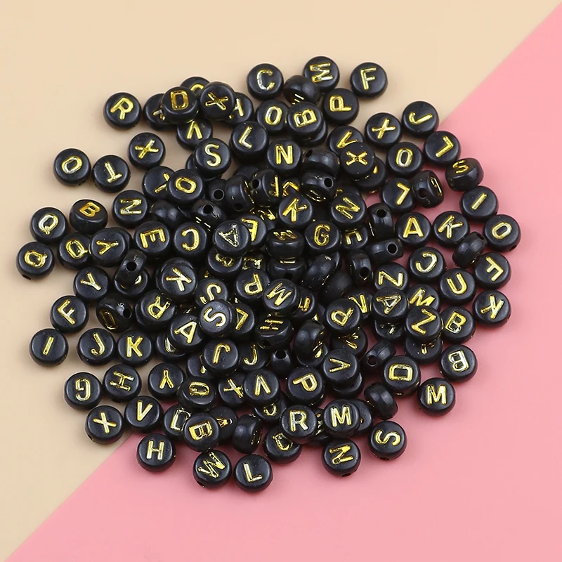 3x6mm black gold color letter acrylic bead round flat letter loose bead Diy jewelry making hand bracelet necklace accessories