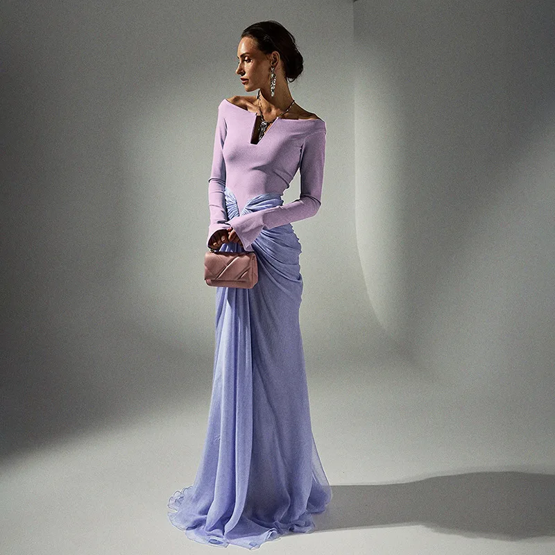 

Элегантное зимнее женское плиссированное вечернее платье с v-образным вырезом и длинными рукавами, черно-синяя облегающая юбка для женщин