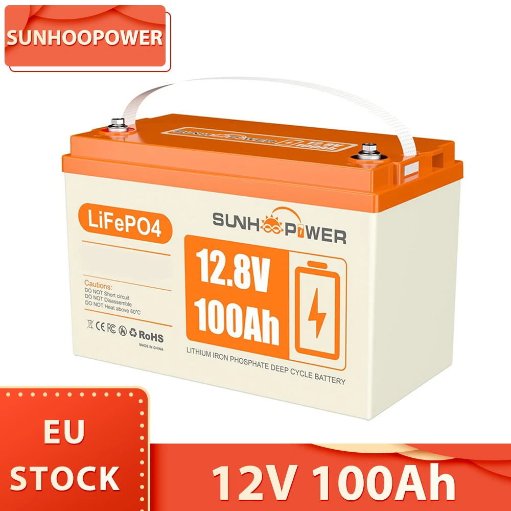 SUNHOOPOWER 12V 100Ah LiFePO4 Battery, 1280Wh Energy, Built-in 100A BMS, Max.1280W Load Power, Max. 100A Charge/Discharge, IP68