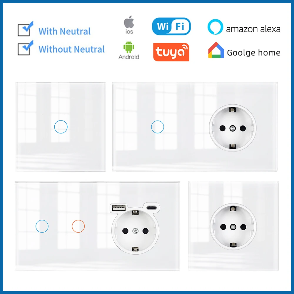 

VISWE Wifi Wall Touch Remote Control Switch And Socket,Fully Toughened Glass Panel 153mm*82mm EU Smart Switch With Socket