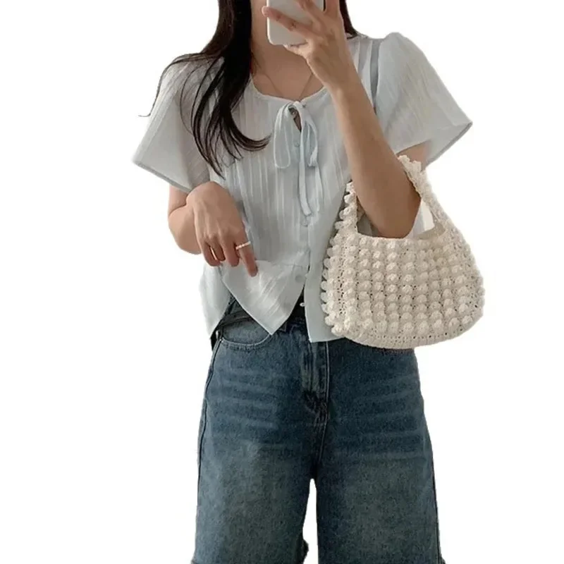 

Korean Chic Bow Tops&Tees Girl Summer Y2K Gentle And Sweet Bow Fold Flying Sleeves Fashion Versatile T-Shirt Commute Top Tee New