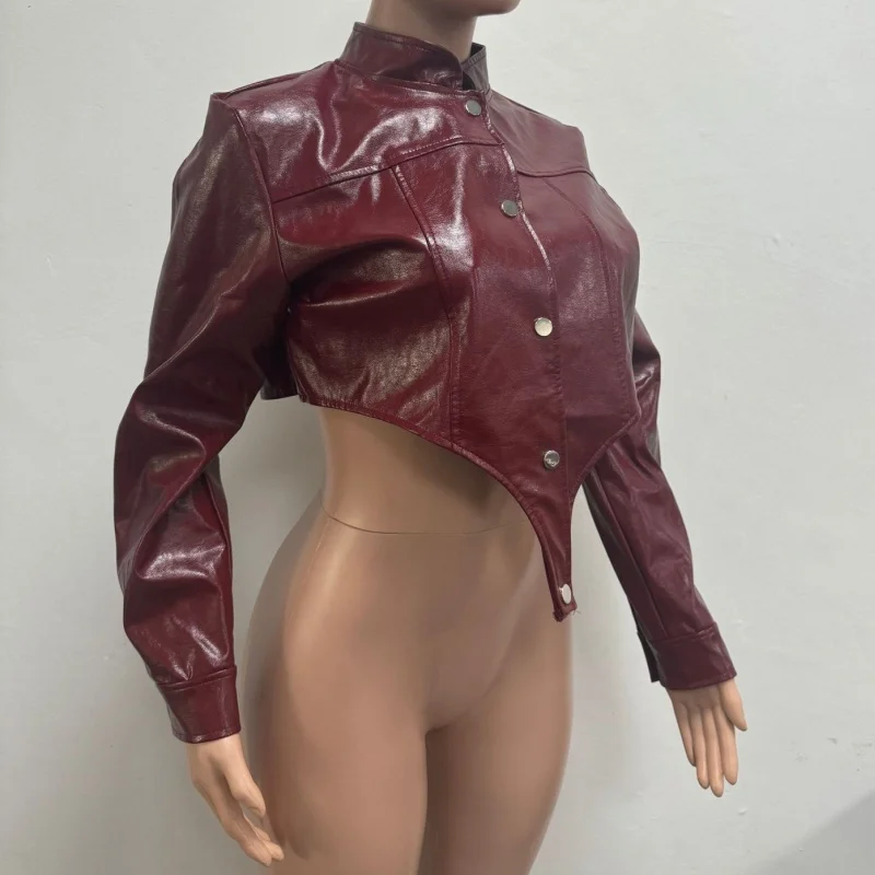 Sexy PU Leather Black Burgundy Cropped Jacket 2026 New Fashion Elegant Women Long Sleeve Irregular Short Jackets And Coats