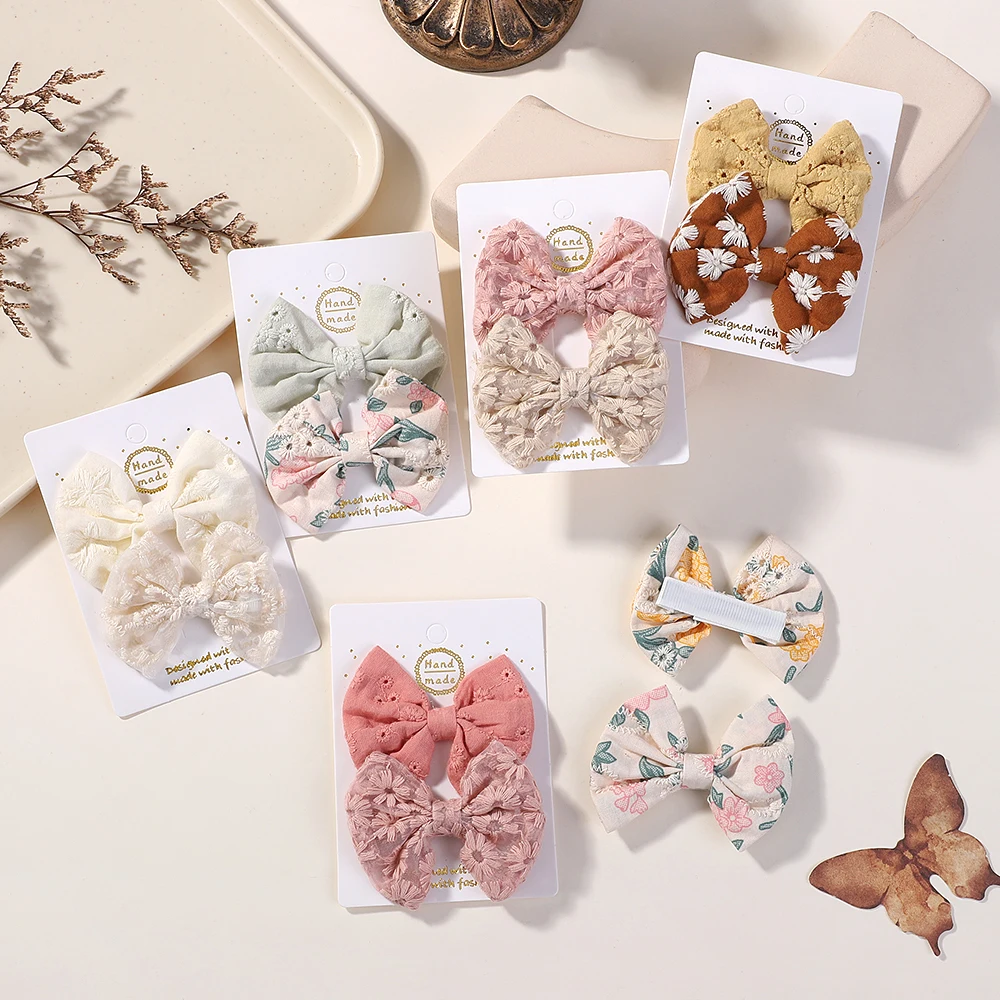 2Pcs/lot Handmade Embroidery Hair Bows Hair Clip for Kids Hair Accessories Lovely Cotton Hairpins Cheer Bow Barrette for Girl