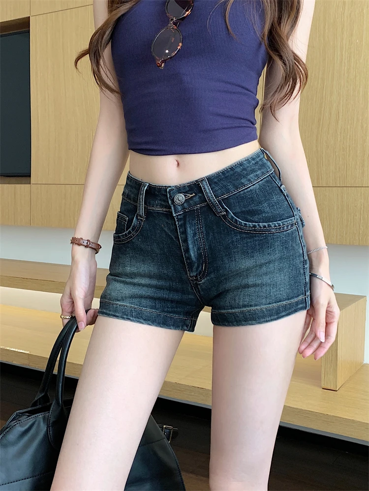 

American Style Low Waist Denim Shorts Women Summer Vintage Versatile Straight Leg Slimming A-Line Wraparound Shorts Hot Pants