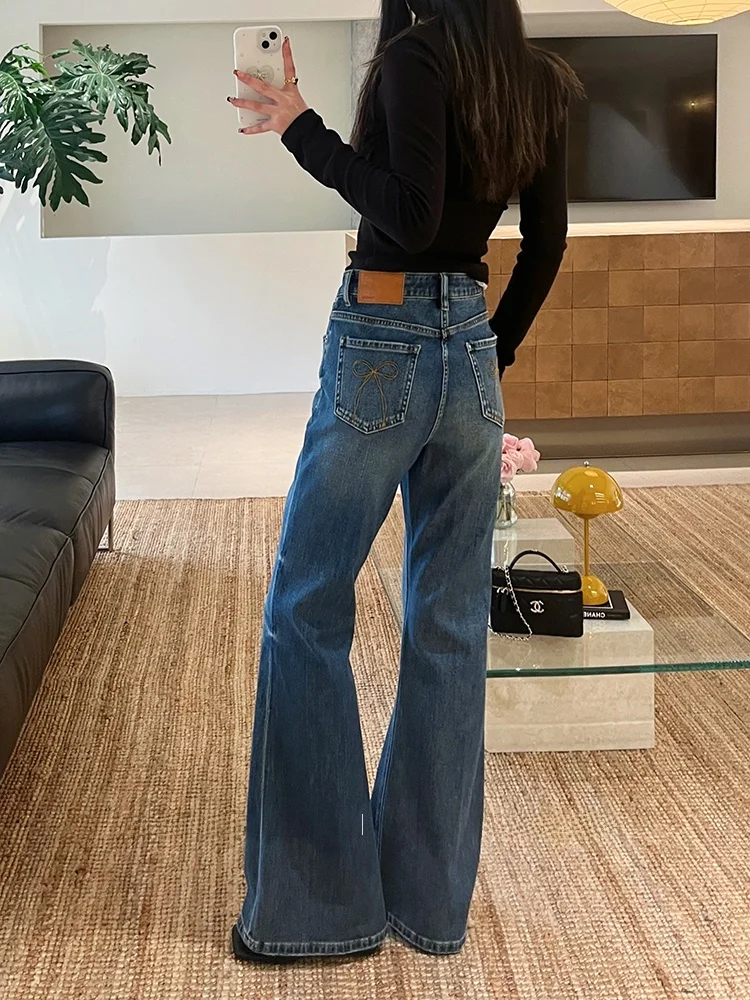 

Женские джинсы-клеш с высокой талией Slim Fit, весна 2026, новые, с вышивкой и узлами, корейский стиль, длина в пол