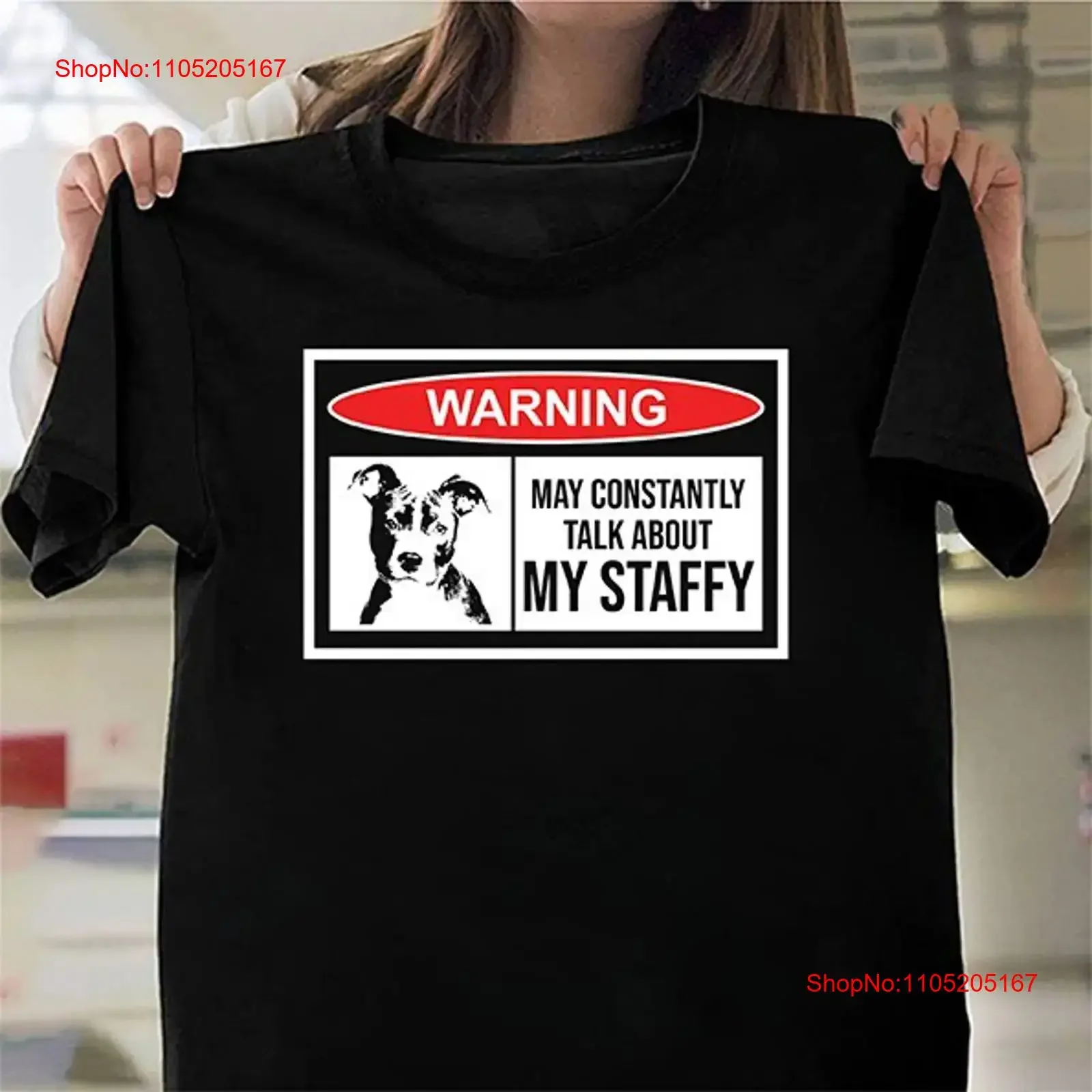 WARNING SIGN CONSTANTLY TALKS ABOUT MY STAFFY Dog Pet Cute T Shirt Top  vintage Washed graphic Versatile homme fashion