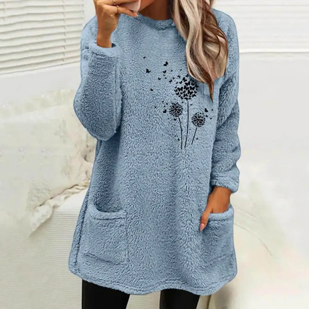 Women Winter Sweatshirt Flower Print Thicken Plush Long Sleeves O Neck Cold-proof Side Pockets Fall Sweatshirt Female Clothes