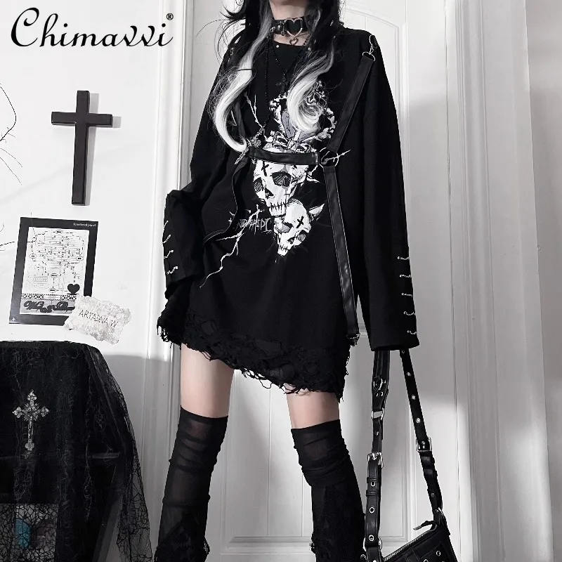 

Оригинальная японская субкультура, темный свободный пояс, лоскутная футболка с длинными рукавами, осенний новый свободный универсальный топ в стиле панк с круглым вырезом