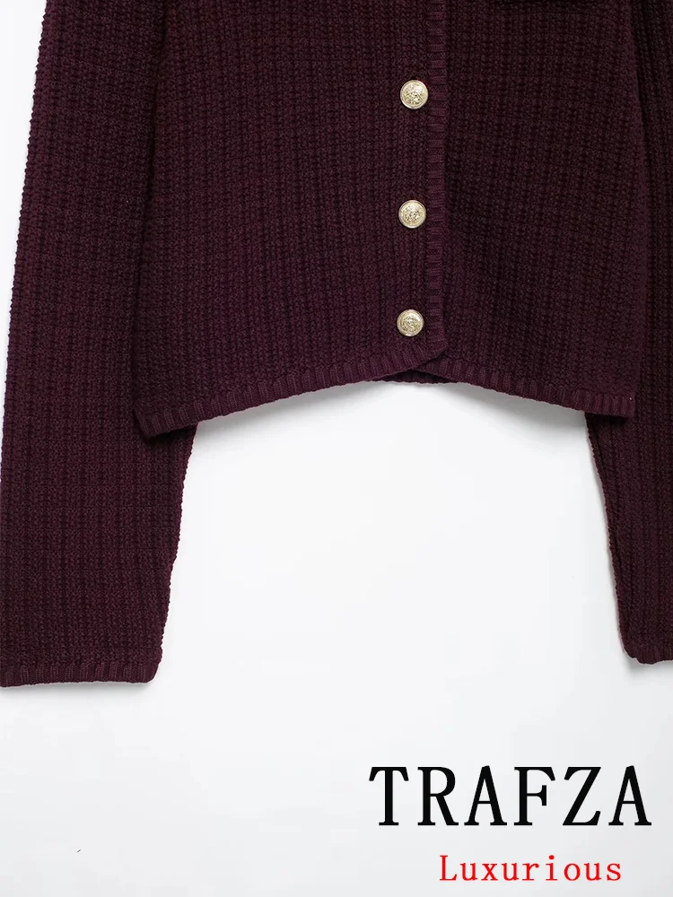 TRAFZA Vintage Casual Chic sweter damski jednolity, dekolt w kształcie litery \