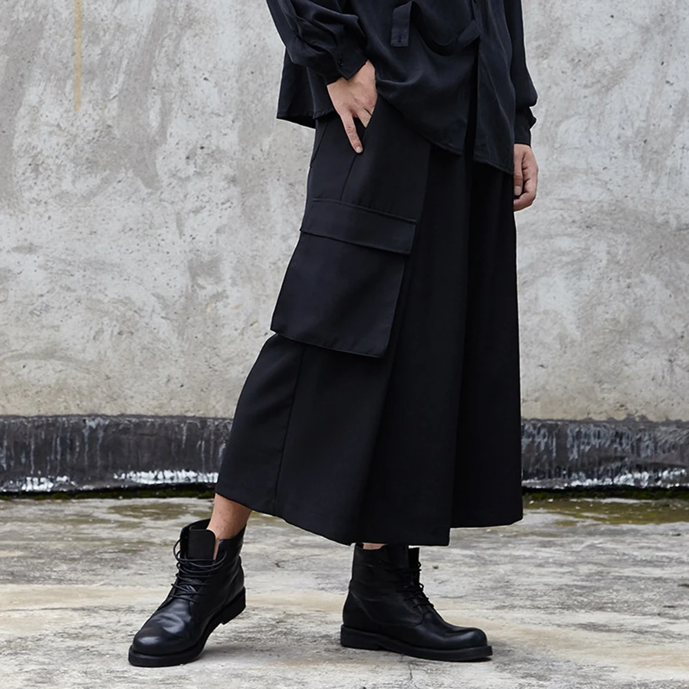 Mens Cargo Pocket Dark Casual Capri Pants Streetwear Fashion Japanese Outdoor Youth Campus Wide Leg Pants Men'S Clothing 2026