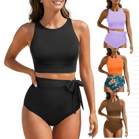 European American Style Women High Waist Swimwear 2026 Solid Color Sporty