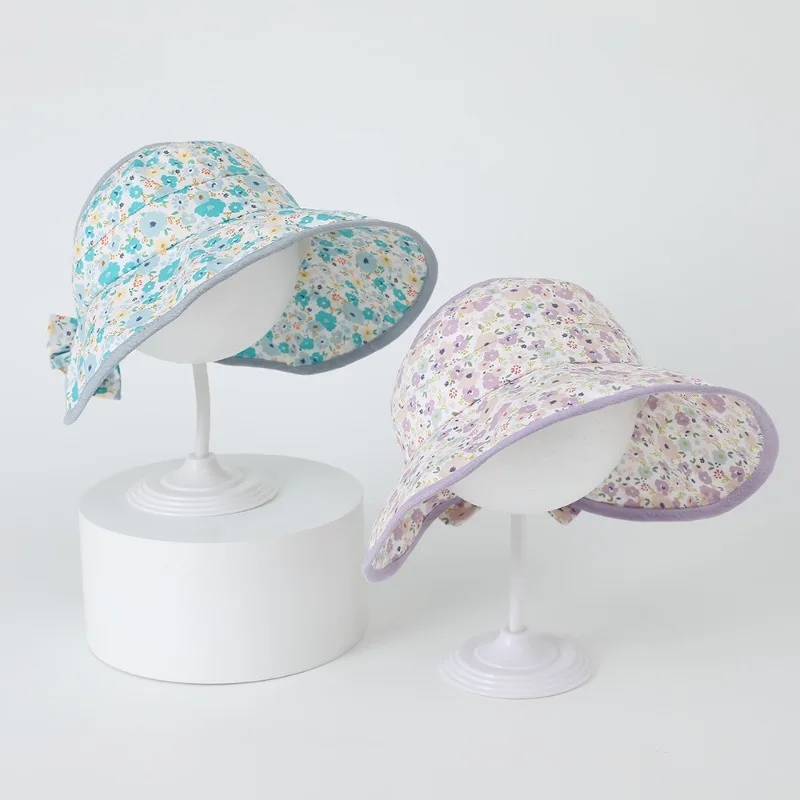 girls Summer Sun Hat 50-54cm 2-7Y Kids Princess Visor Cap Toddler Girl Thin Large Brim Flower Print Outdoor Beach UV Protection
