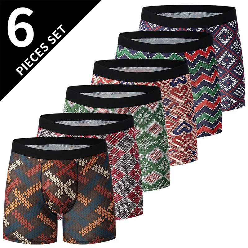 6-piece men\'s fashion printing long Boxer underwear comfortable plus size sexy shorts teenagers multicolor combination underwear