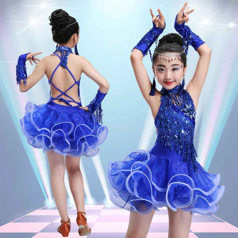 Vestido de dança latina com franja lantejoula para meninas, saias competição, vestidos de dança, fantasias infantis, salsa, crianças