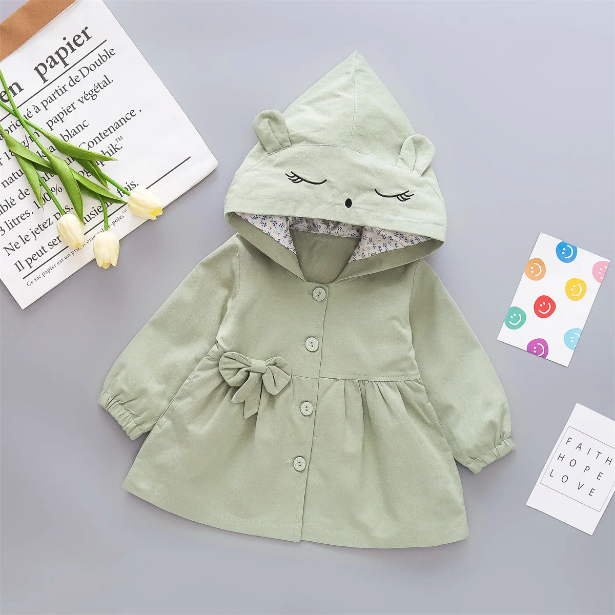 Spring And Autumn 0-3 Year Old Girl Cute Hooded Coat Baby Solid Single Breasted Hat Embroidered Cartoon Sweet Windbreaker