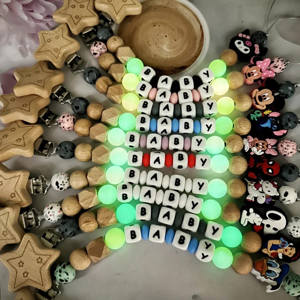 Personalize Silicone Letters Name Baby Luminous Silicone Bead Pendant Pacifier Clips Chains Holder Teether Baby Kawaii Toy Gifts