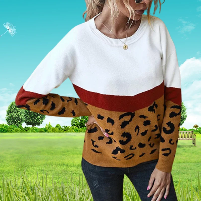 Suéter de punto con retales de leopardo para mujer, jersey de manga larga con cuello redondo, informal, suelto, cómodo, Tops, Otoño e Invierno