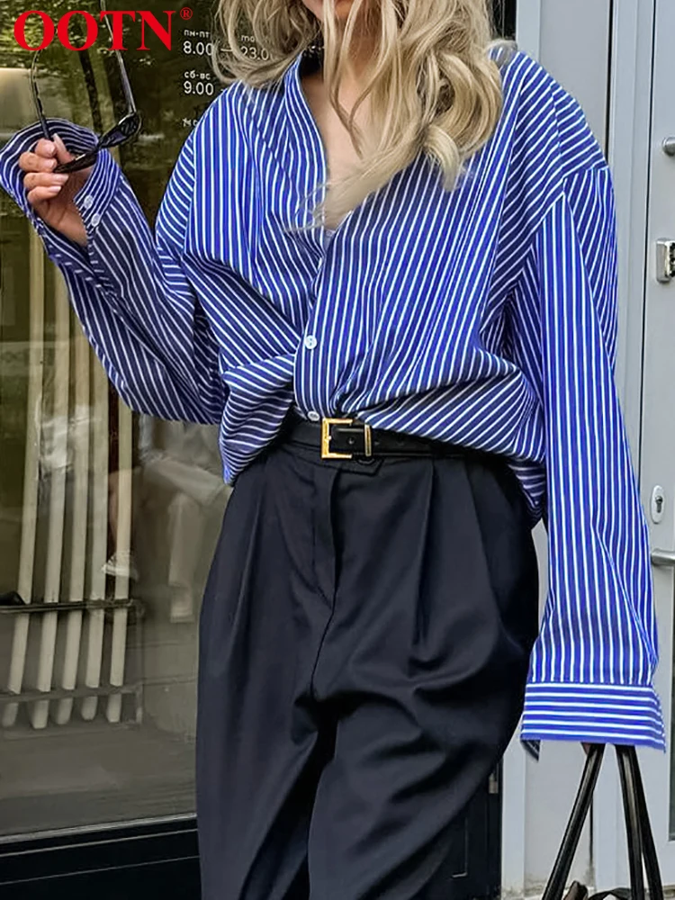 OOTN Blue Stripe Blouse Woman Casual Long Sleeve Shirts Female Office Single Breasted Summer Fashion Turn Down Collar Top 2024