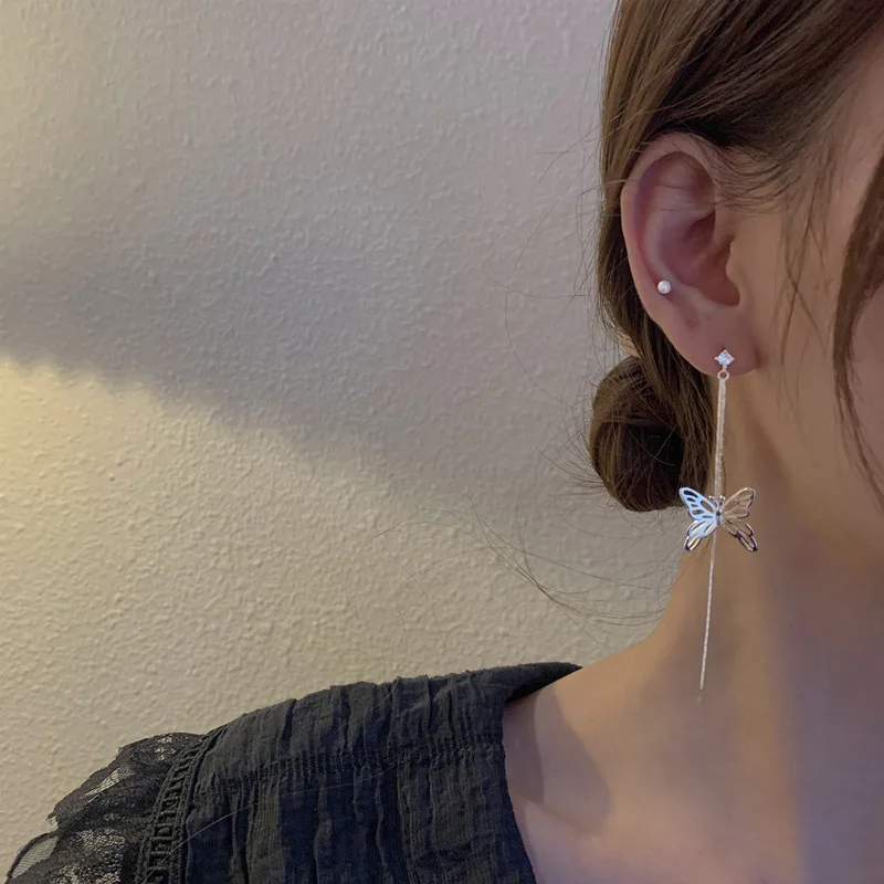 

Fashionable 925 Sterling Silver Hollowed Out Butterfly Long Tassel Earrings For Women With Sweet Temperament And Diamond Earring
