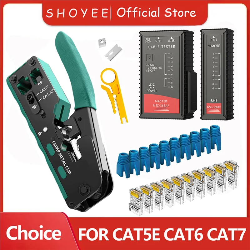 新しいRJ45 RJ12 RJ11パススルー圧着ペンチ Cat7 Cat6 Cat6A Cat5 Cat5eストリッピング圧着工具 8P/6Pイーサネットコネクタ付き