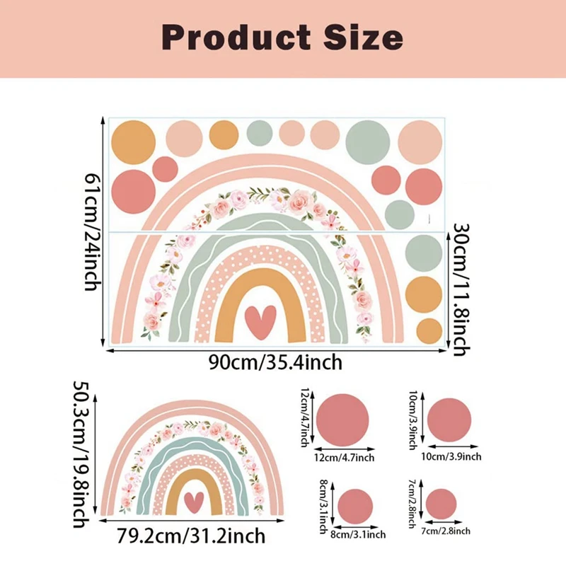 Large Rainbow Flower Wall Stickers Boho Polka Dots Wall Decal Vinyl For Room Kids Nursery Playroom Classroom Wall Decor