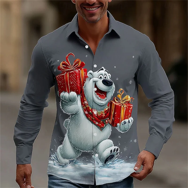 

Christmas Men's Bear Snowman Christmas Gift Shirt Long Sleeve Fun Outdoor Festival Spring and Autumn Lapel 3D Printed Lapel Shir