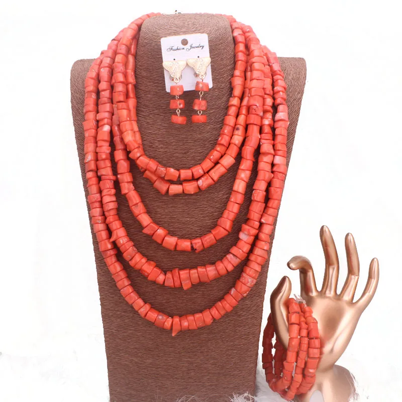 Dudo 8-14mm Nature Coral 5 Layers Coral Beads Jewelry Set With Necklace Bracelet Earrings