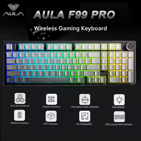 AULA F99 Pro E-sports Gaming Mechanical Keyboard Three Mode RGB Hot Swappable 96% PBT Custom Wireless Keyboard with Medi Knob