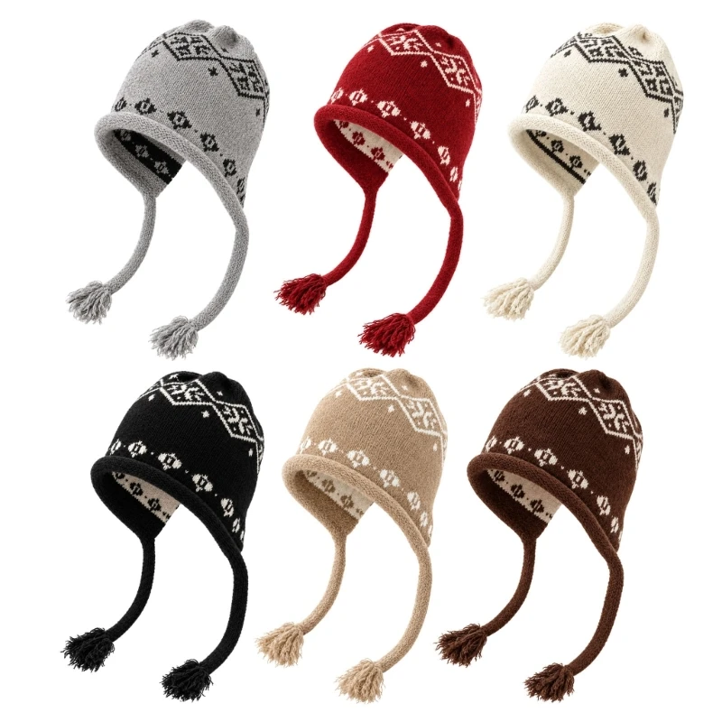 Geometric Jacquard Hat for Men and Women, Relaxed and Long Side Ties for Fall and Winter Outdoor Outings