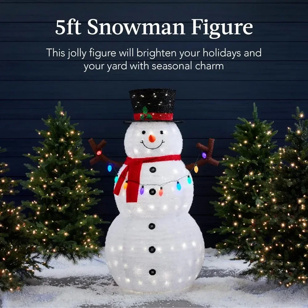 

5ft Lighted Pop-Up Snowman, Large White Outdoor Christmas Holiday Decoration w/ 200 LED Lights, Hat, Scarf, Multicolored Lights