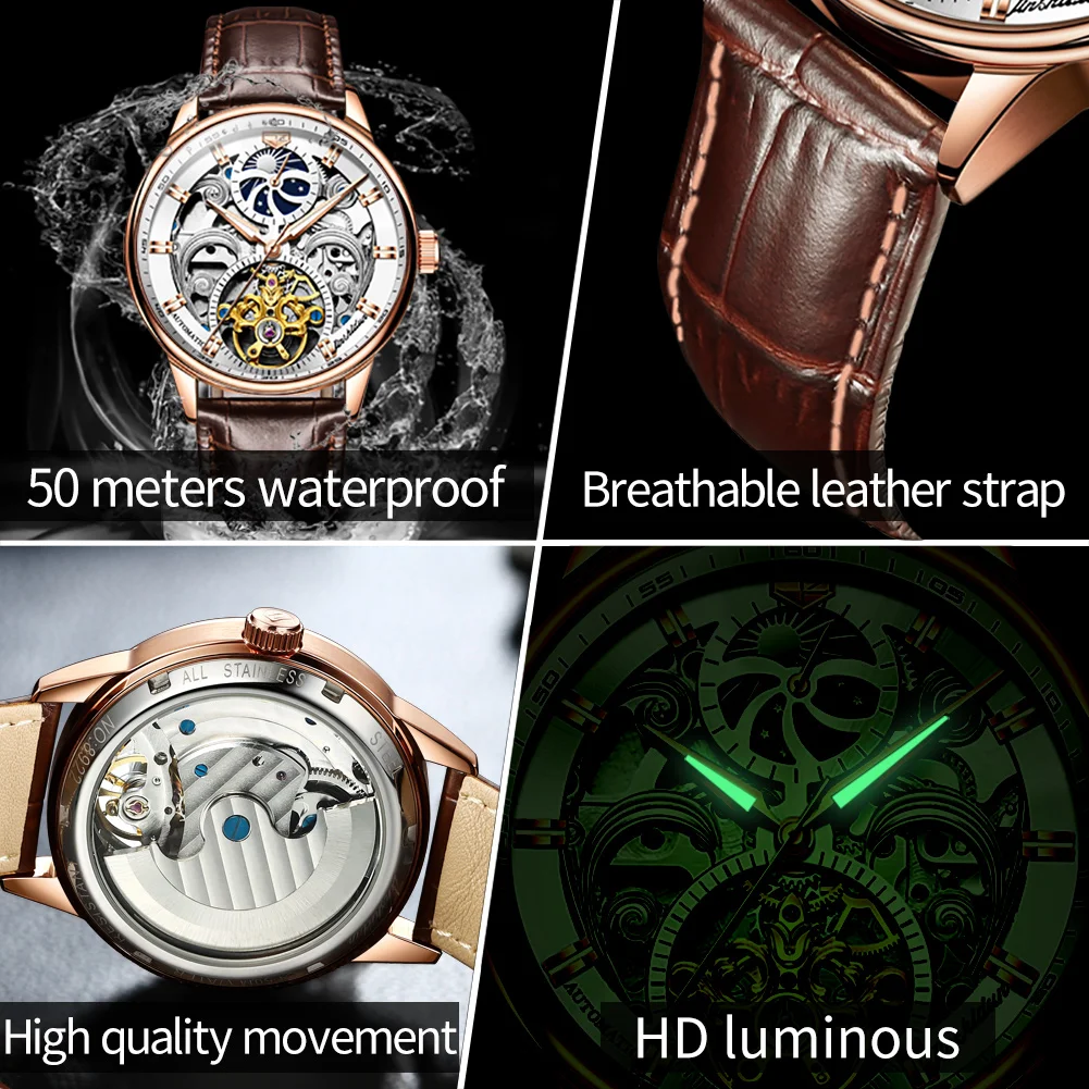 JSDUN 8922 Top Brand Classic Mechanical Watch For Men Hollow Skeleton Moon Phase Wrist Watches Original Waterproof Hand Clock