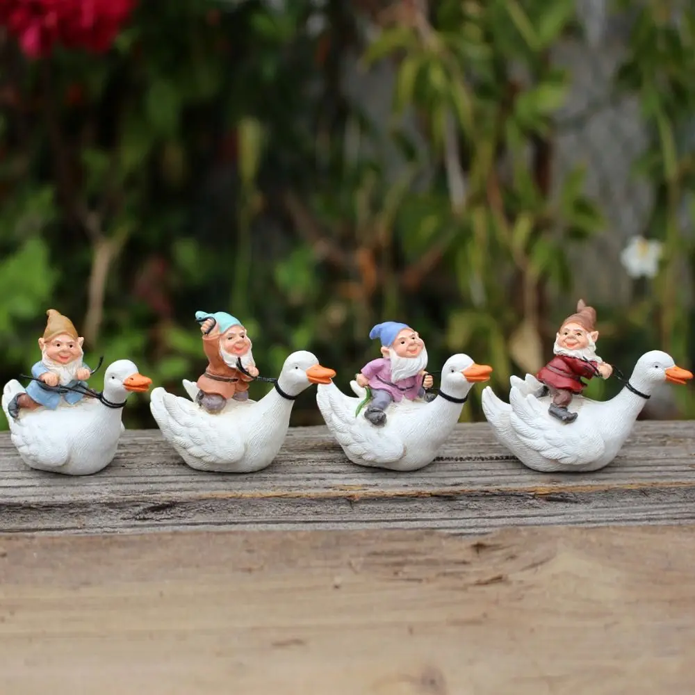 

4pcs Resin Duck Riding Dwarves Sculpture Cute Creative Bonsai Statues Exquisite Waterproof Garden Figurines Backyard