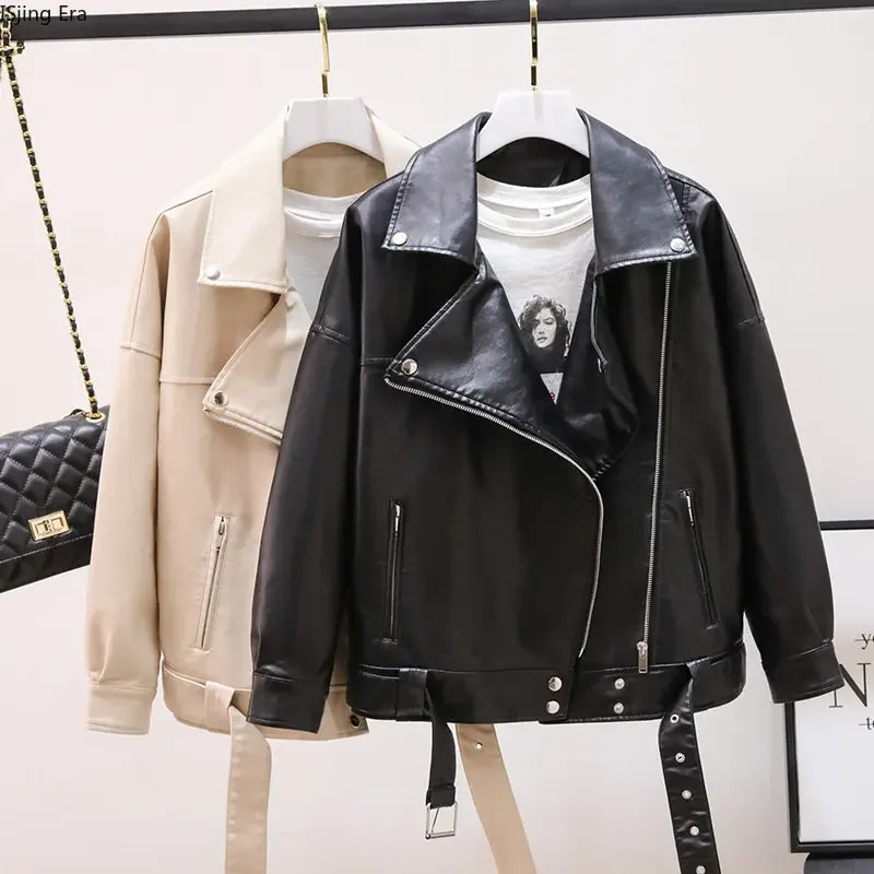 2023 New Motorcycle Leather Coat Women Loose Fit Suit Collar Pu Leather Jacket X12