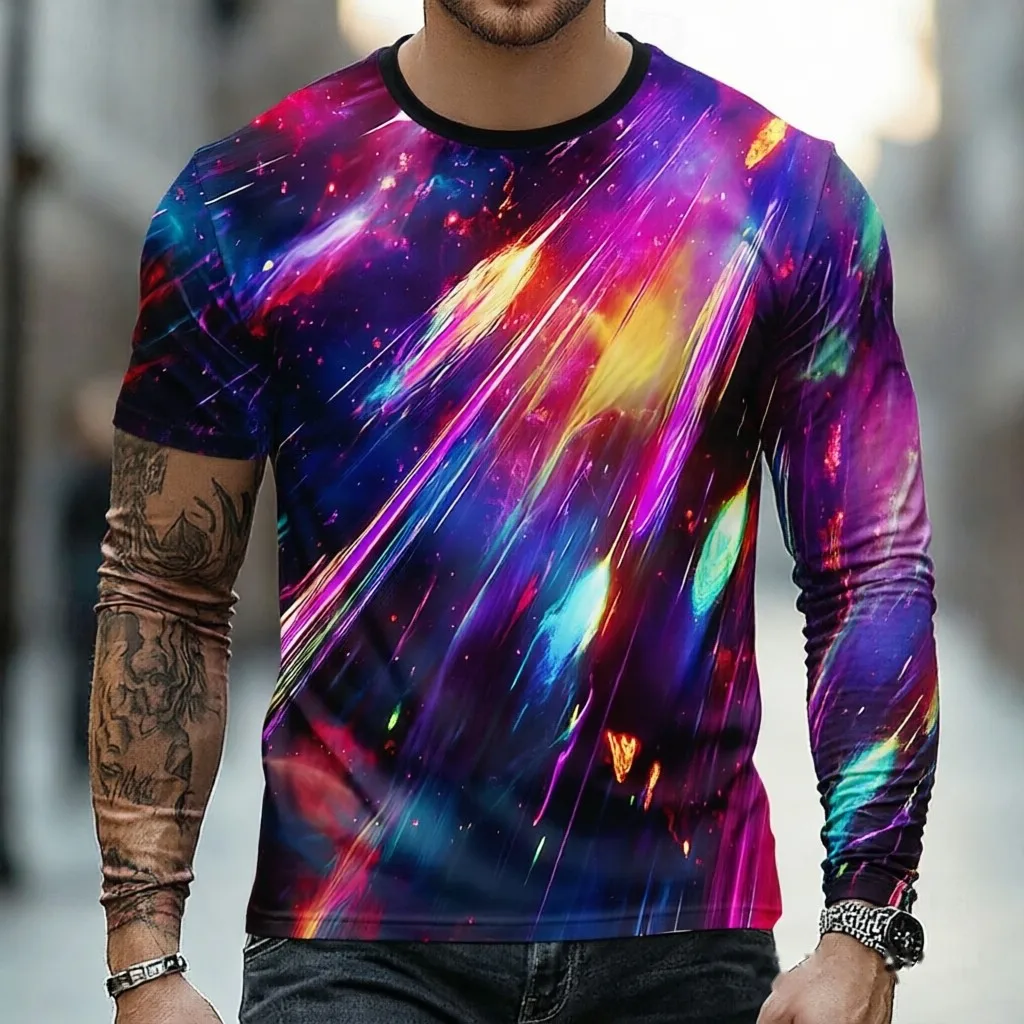 Men's Fake Two Piece Long Sleeve T-Shirt 3D Colorful Galaxy Nebula Print Crew Neck Casual Streetwear Tops