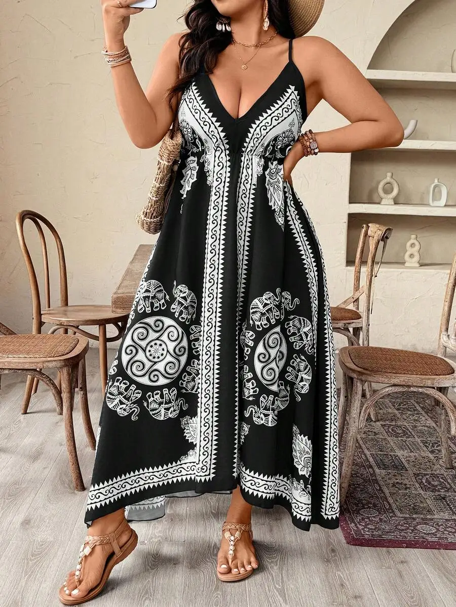 

Plus Size Women Elephant Print Asymmetric Camisole Dress Holiday Style