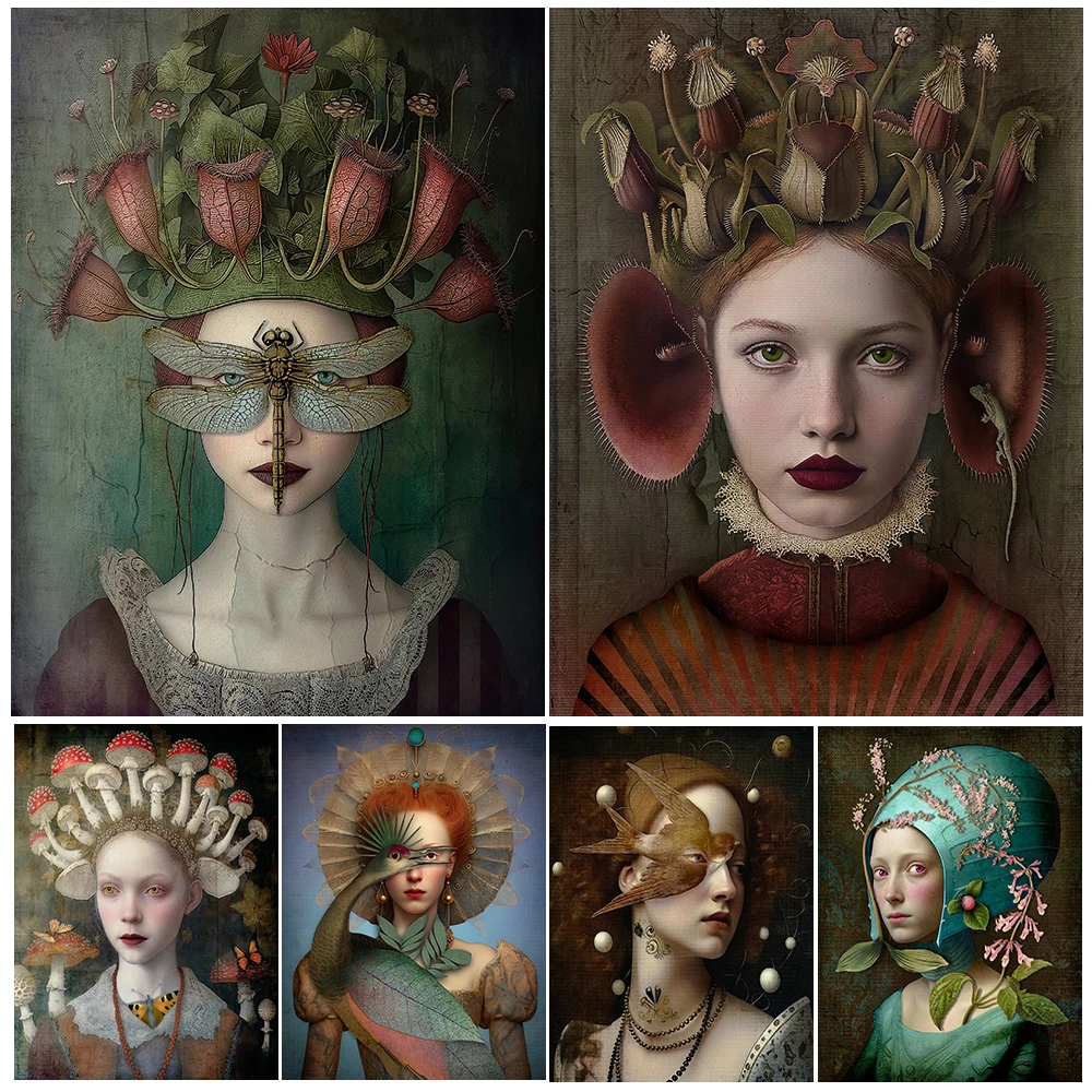 The Bird Queen & The Mushroom Queen,Abstract Portrait Wall Art Canvas Painting,Carnivorous Crown Art Poster Print Decor Unframed