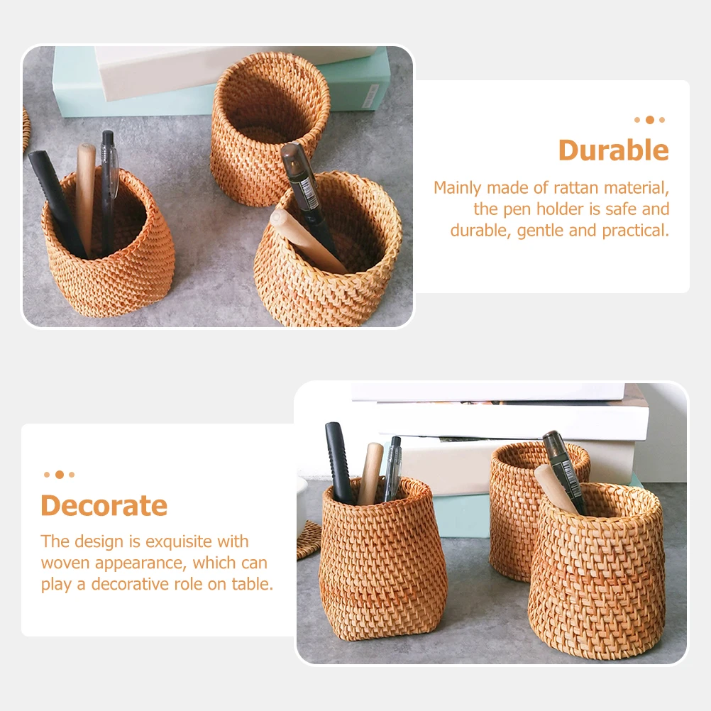 

Round Rattan Pen Holder For Desk Decorative Storage Organizer Office Supplies Brush Holder Desktop Accessories Pencil Container
