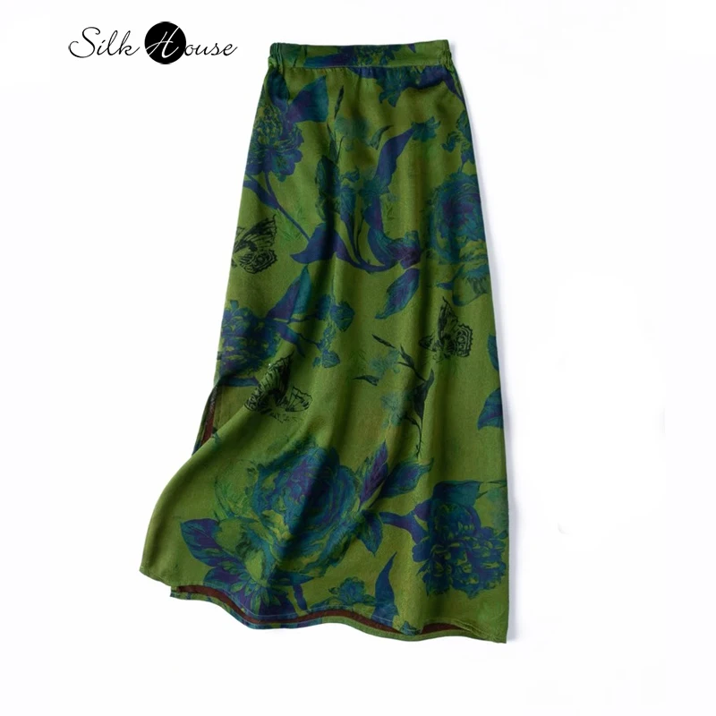 2025 Women's Fashion Spring New Emerald Green 100% Natural Mulberry Silk Fragrant Cloud Yarn Elastic Waist Straight Tube Skirt