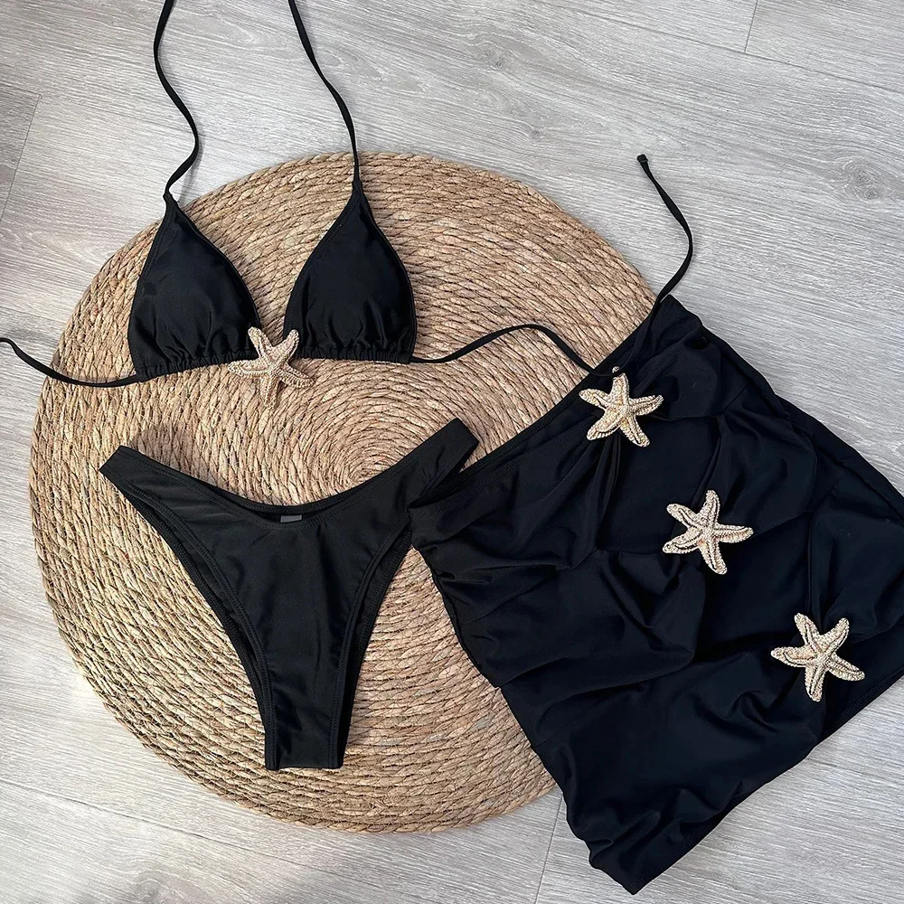 Sexy starfish 3 Pieces Bikinis 2025 Swimsuit For Women Black Swimwear Brazilian Bikini Set Biquini Female Swimuits Beachwear