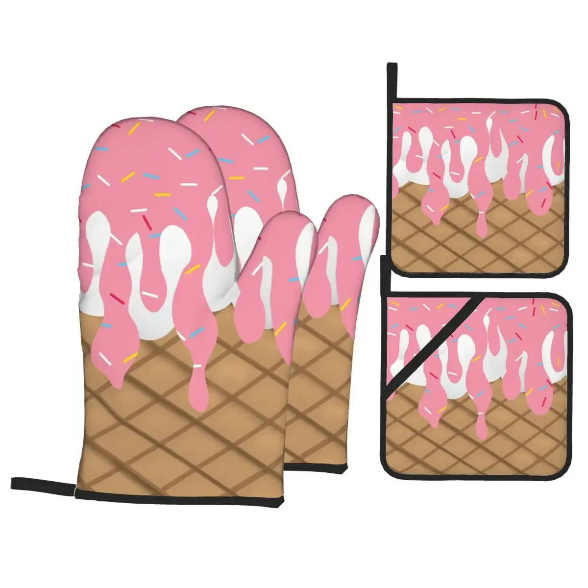

Melting Strawberry Ice Cream Oven Mitts and Pot Holders 4pcs Set Heat Resistant BBQ Kitchen Gloves for Baking Grilling Potholder