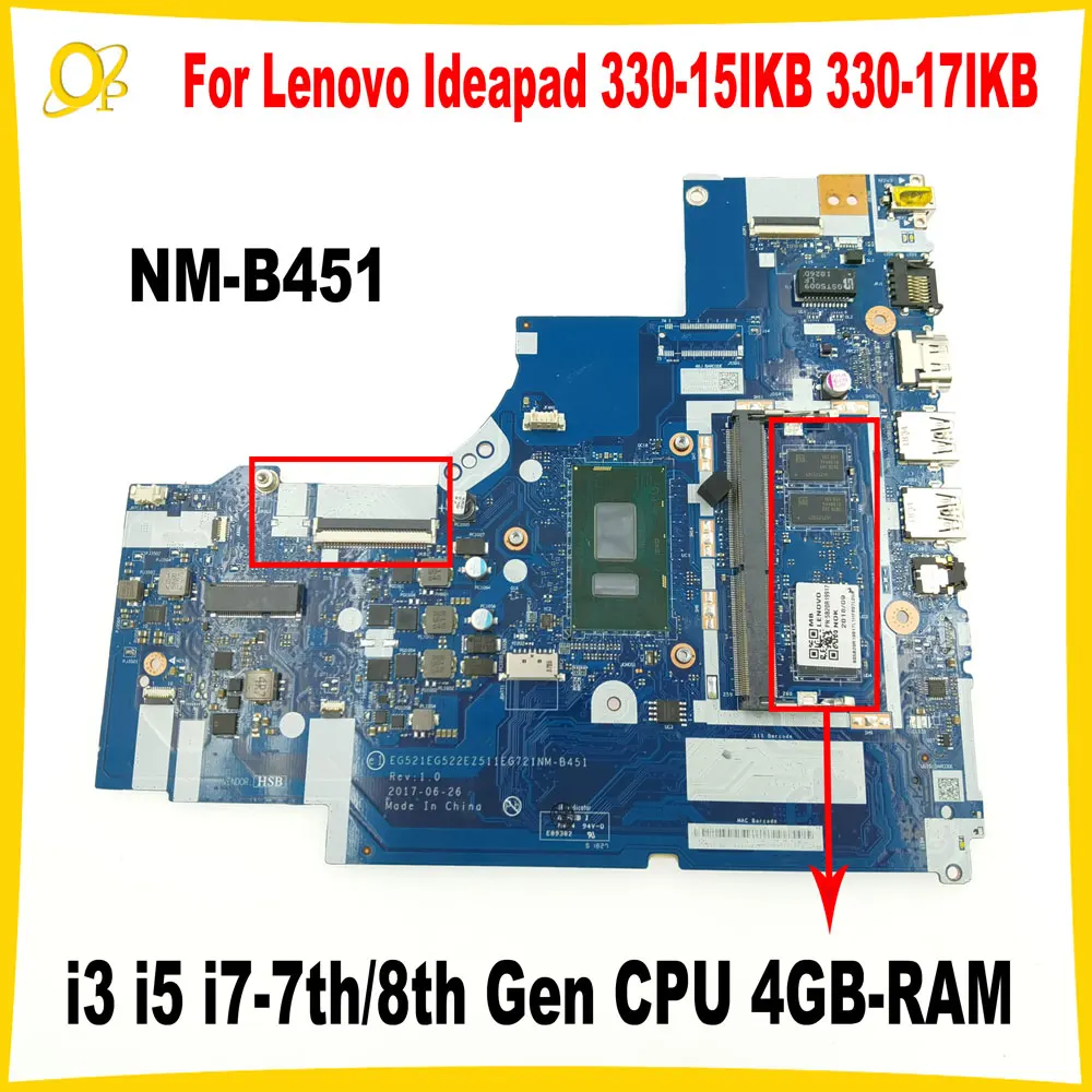 NM-B451 Mainboard for Lenovo Ideapad 330-15IKB 330-17IKB Laptop Motherboard with i3 i5 i7-7th/8th Gen CPU 4GB-RAM DDR4 Tested