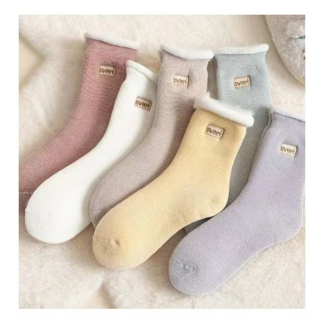 5 Pairs Winter Thermal Fleece-Lined Thickened Non-Slip Sole Women Mid-Calf Cotton Socks Solid Color Japanese Style Floor Socks