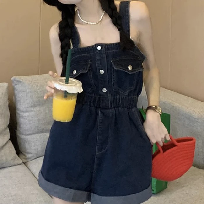 Rolled edge work backpack denim shorts female 2024 summer new retro design sense high waist loose thin wide leg pants